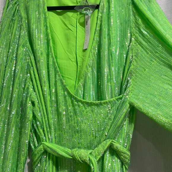 ASOS EDITION crystal sequin wrap midi dress with blouson sleeve in lime green - Picture 3 of 4